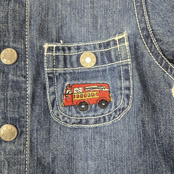 VTG Save The Children Newton Trading Co Denim Romper 3 Mo Blue Embr Fire Truck - Picture 4 of 14